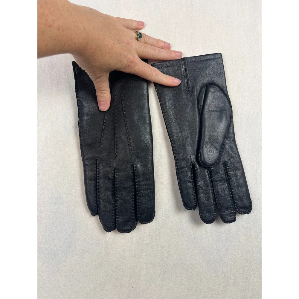 Black Leather Gloves Women Medium Fur Lined Winter Dress Gloves Stitch Detail